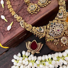 Vriksham Classic Peacock & Floral Gold Bead & Green Red Accents Long Neckpiece-G21497