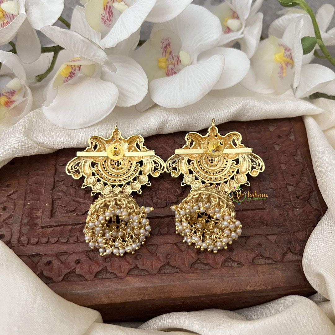 Vriksham Premium Dual Peacock AD Stone Jhumkas -Red- G9169