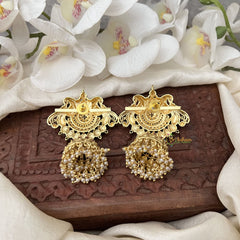 Vriksham Premium Dual Peacock AD Stone Jhumkas -Red- G9169
