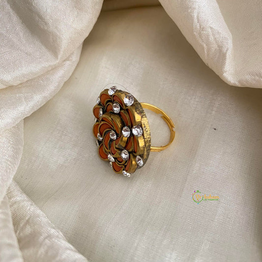 Matt Orange Kundan Floral Pendant Ring-H774