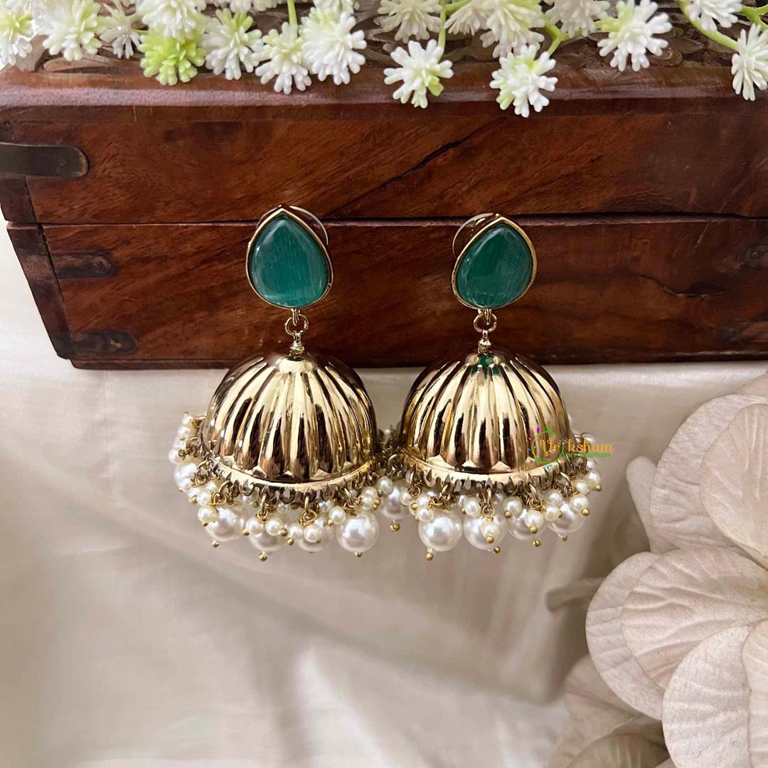 Vriksham Teardrop Green With Golden Dome & White Pearls Jhumka-G20122