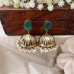 Vriksham Teardrop Green With Golden Dome & White Pearls Jhumka-G20122
