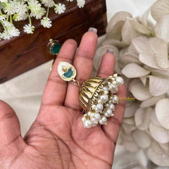 Vriksham Teardrop Green With Golden Dome & White Pearls Jhumka-G20122