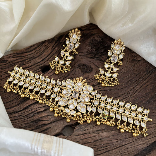 White American Diamond Designer High Neck Choker -Gold Bead -G11304