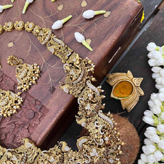 Vriksham Traditional Lakshmi AD Stone Gold Bead & Green Red Accents Long Neckpiece-Pearls-G21498