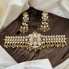 White American Diamond Designer High Neck Choker -Gold Bead -G11304