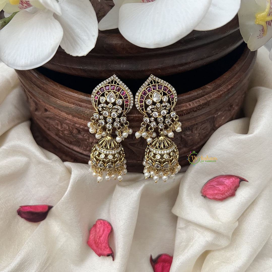 Vriksham Designer Jhumka Earring-Red White-Pearls-G18244