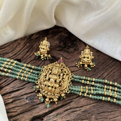 Green Bead Gold Look Alike Temple High Neck Choker-Lakshmi Choker -G10440