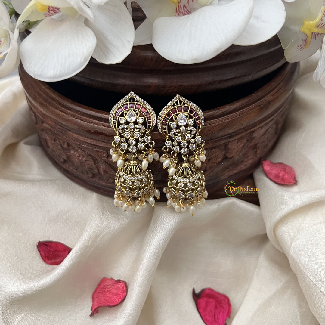 Vriksham Designer Jhumka Earring-Red White-Rice Pearls-G18245
