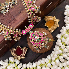 Vriksham  Classic Floral Kundan Jadau Guttapusalu Long Neckpiece-Green Bead & Rice Pearls-J4108