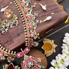 Vriksham  Classic Floral Kundan Jadau Guttapusalu Long Neckpiece-Green Bead & Rice Pearls-J4108