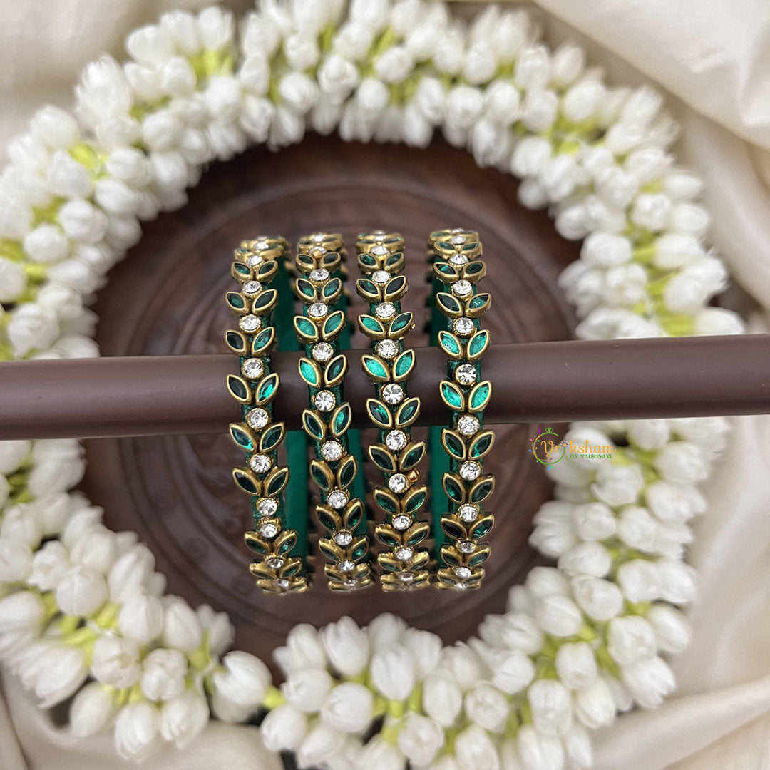 Vriksham Leaf Style Silk Thread Kundan Kada Bangle-Green White-G20816