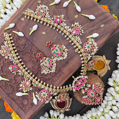 Vriksham Antique Nakshi Gandaberund Kundan Jadau Guttapusalu Long Neckpiece-Rice Pearls-J4110