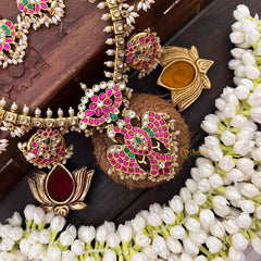 Vriksham Antique Nakshi Gandaberund Kundan Jadau Guttapusalu Long Neckpiece-Rice Pearls-J4110