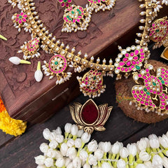 Vriksham Antique Nakshi Gandaberund Kundan Jadau Guttapusalu Long Neckpiece-Rice Pearls-J4110