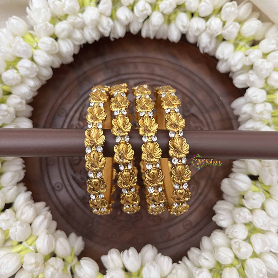 Vriksham Ganesh Ji Style Silk Thread Kundan Bangles-Golden-G20820