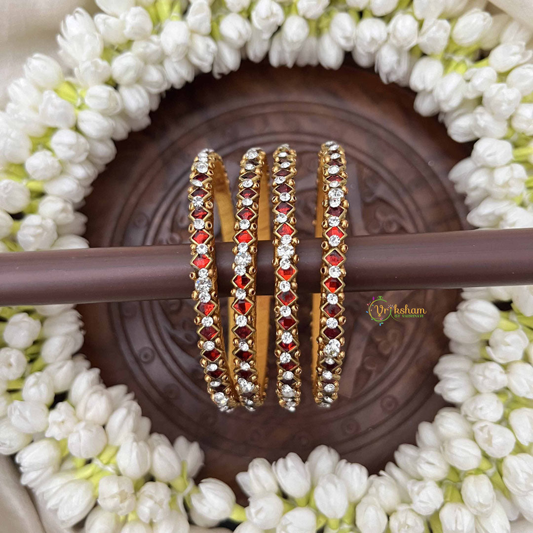 Vriksham Diagonal Style Silk Thread Kundan Bangles-Red White-G20821