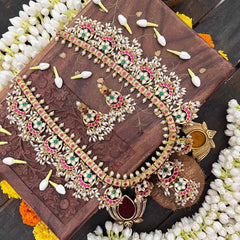 Vriksham Half Moon & Lotus Style Kundan Jadau Guttapusalu Long Neckpiece-Rice Pearls-J4109