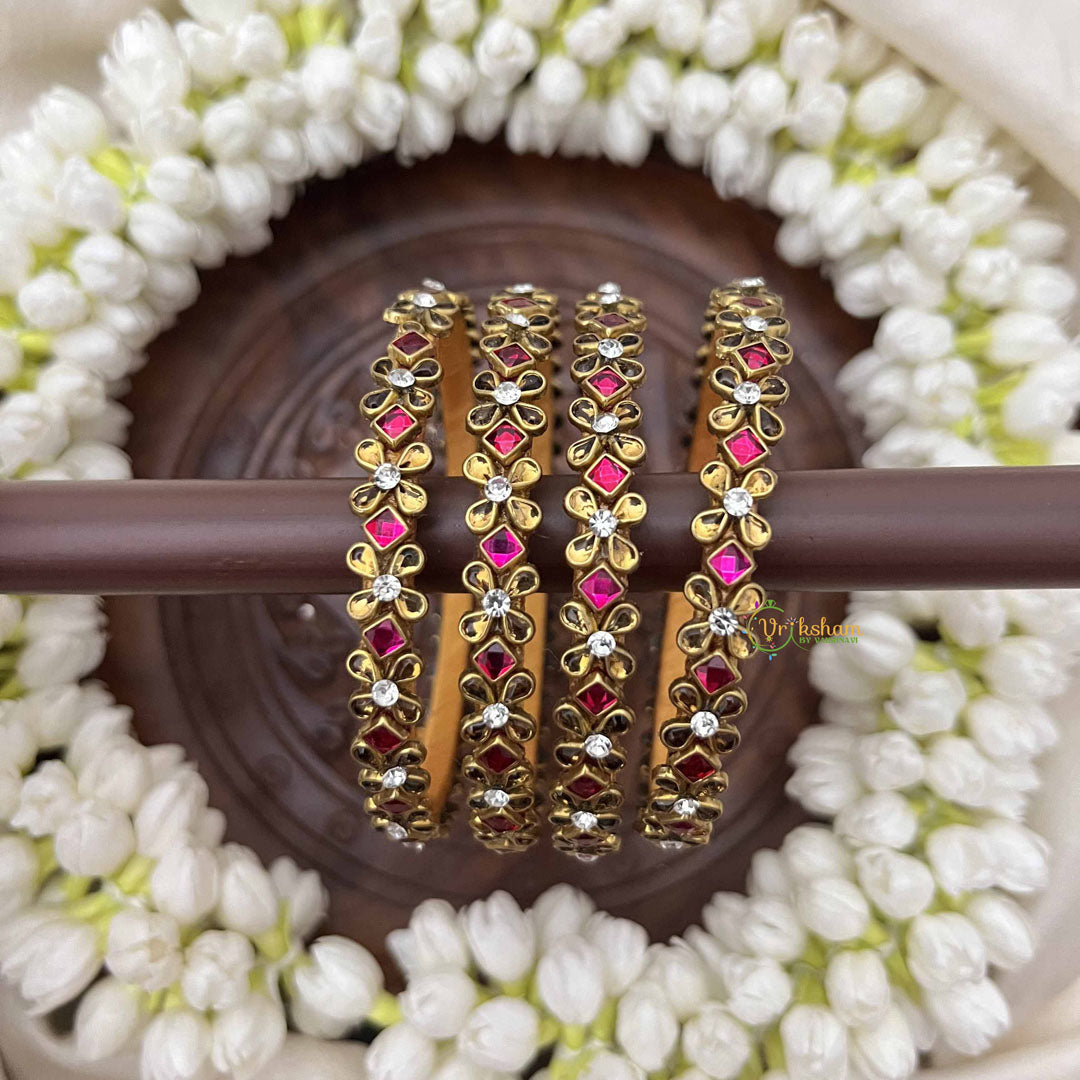 Vriksham Diagonal & Floral Style Silk Thread Kundan Bangles-Pink White-G20822