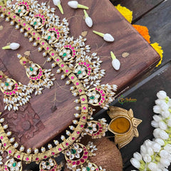 Vriksham Half Moon & Lotus Style Kundan Jadau Guttapusalu Long Neckpiece-Rice Pearls-J4109