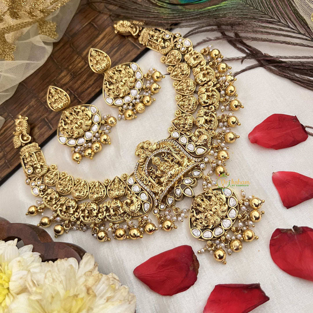 Vriksham Unique White Gold Plated Peacock Style Neckpiece-Gold Bead-G19092