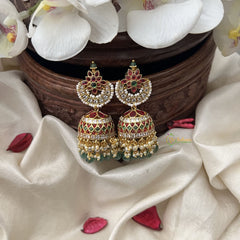 Vriksham Exquisite Floral Jhumka-Red Green & White-Pastel Green Bead-G18271