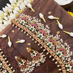 Vriksham Half Moon & Lotus Style Kundan Jadau Guttapusalu Long Neckpiece-Rice Pearls-J4109