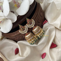 Vriksham Exquisite Floral Jhumka-Red Green & White-Pastel Green Bead-G18271