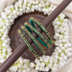 Vriksham Leaf Style Golden Dot Silk Thread Kundan Bangles-Green-G20826