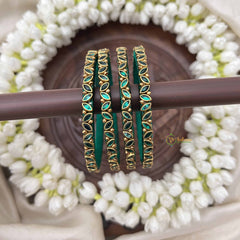 Vriksham Leaf Style Golden Dot Silk Thread Kundan Bangles-Green-G20826