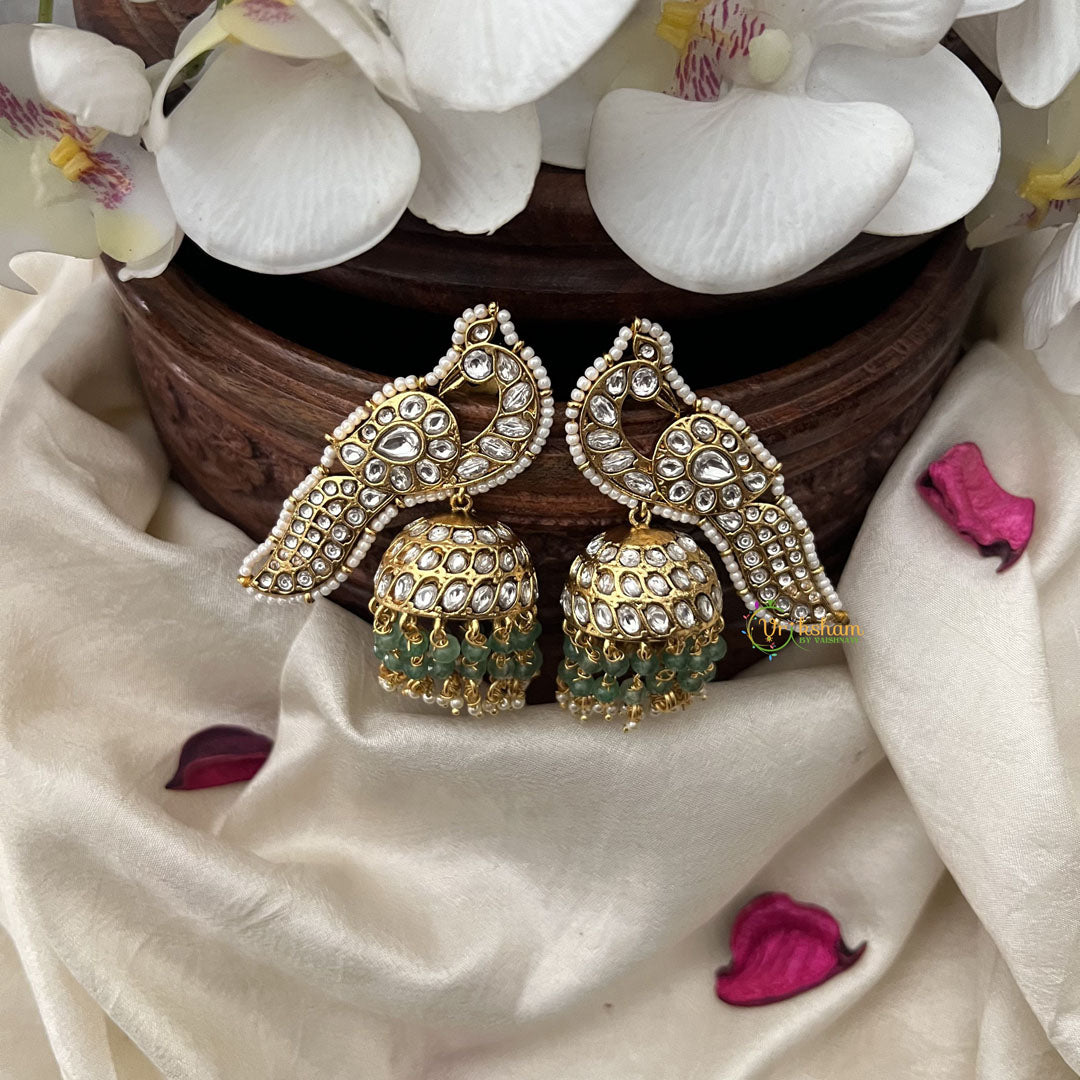 Vriksham Elegant Peacock Jhumka-White-Pastel Green Bead-G18302