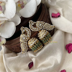Vriksham Elegant Peacock Jhumka-White-Pastel Green Bead-G18302