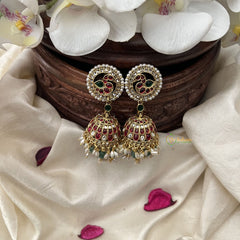 Vriksham Exquisite Kemp Stone Peacock Jhumka-Red Green-Rice Pearl-Pastel Green Bead-G18323