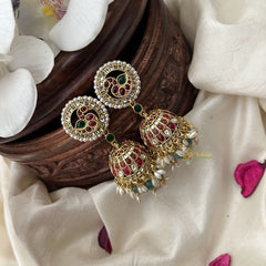 Vriksham Exquisite Kemp Stone Peacock Jhumka-Red Green-Rice Pearl-Pastel Green Bead-G18323