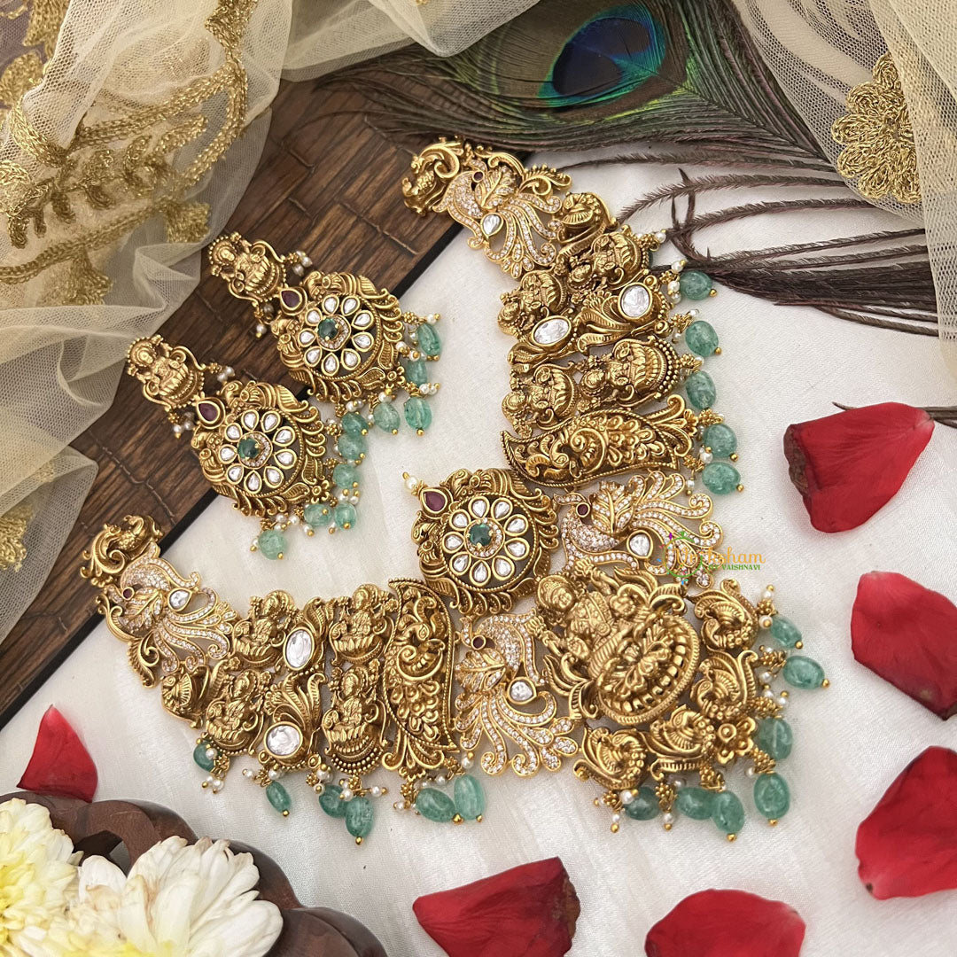 Vriksham Designer Gold Plated Lakshmi Designs Neckpiece-Green Bead-G19110