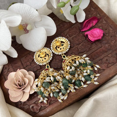 Vriksham Exquisite Kemp Stone Peacock Jhumka-Red Green-Rice Pearl-Pastel Green Bead-G18323