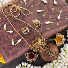 Vriksham Antique Gold Shiv Parvati Pendant with Jhumka Drop and Rope Chain Set Long Neckpiece-G21515