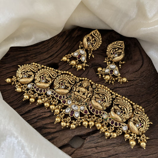 Premium AD Stone Lakshmi High Neck Choker -Gold Bead -G10595