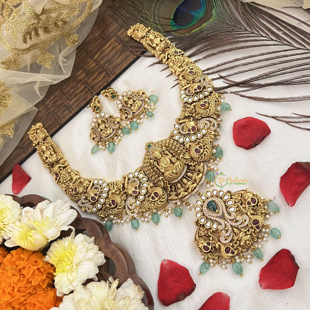 Vriksham Traditional AD Stone Lakshmi With Peacock Bridal Neckpiece-Aqua Bead-G19103
