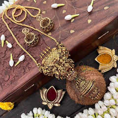Vriksham Antique Gold Shiv Parvati Pendant with Jhumka Drop and Rope Chain Set Long Neckpiece-G21515