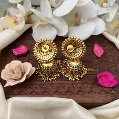 Vriksham Kemp Stone Peacock Jhumka-Red Green-Gold Bead-G18322