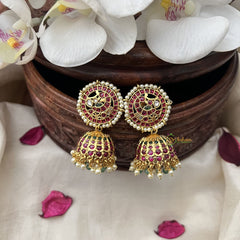 Vriksham Kemp Stone Peacock Jhumka-Red Green-Off White & Green Bead-G18321