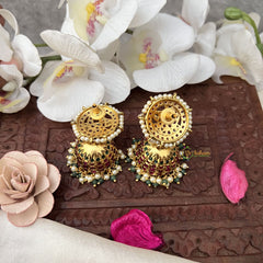 Vriksham Kemp Stone Peacock Jhumka-Red Green-Off White & Green Bead-G18321