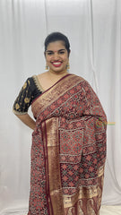 Vriksham Maroon With Floral Print Ajrakh Dola Silk Saree-VS4378