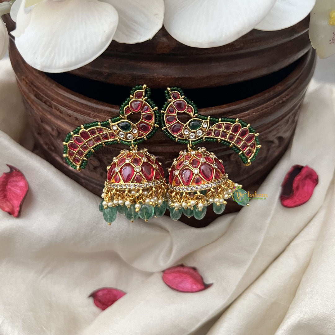Vriksham Elegant Peacock Jhumka-Red-Green Bead-G18305