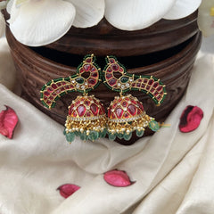 Vriksham Elegant Peacock Jhumka-Red-Green Bead-G18305