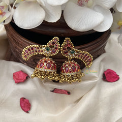 Vriksham Elegant Peacock Jhumka-Red-Gold Bead-G18304