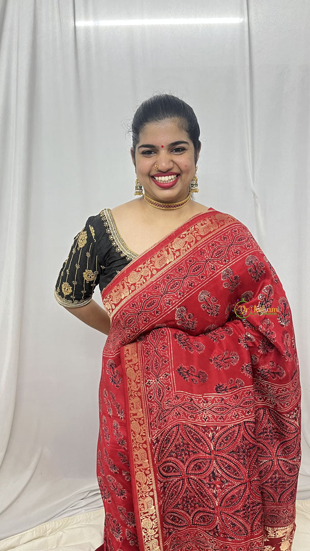 Vriksham Red With Tree Print Ajrakh Dola Silk Saree-VS4380
