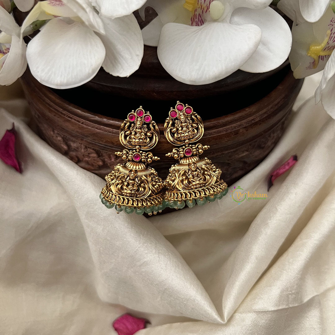 Vriksham Gold Look Alike Lakshmi Jhumka-Red-Pastel Green Bead-G18249