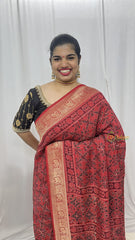 Vriksham Red Ajrakh Dola Silk Saree-VS4382